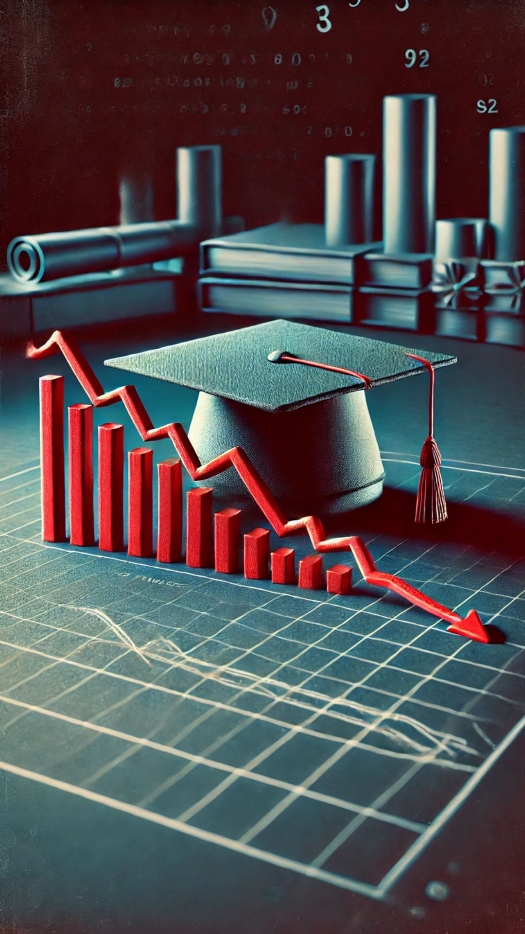 A downward trending graph with a university graduation cap in the background