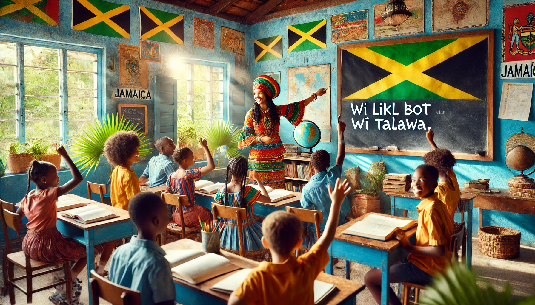 A Jamaican classroom with a teacher at the board instructing students