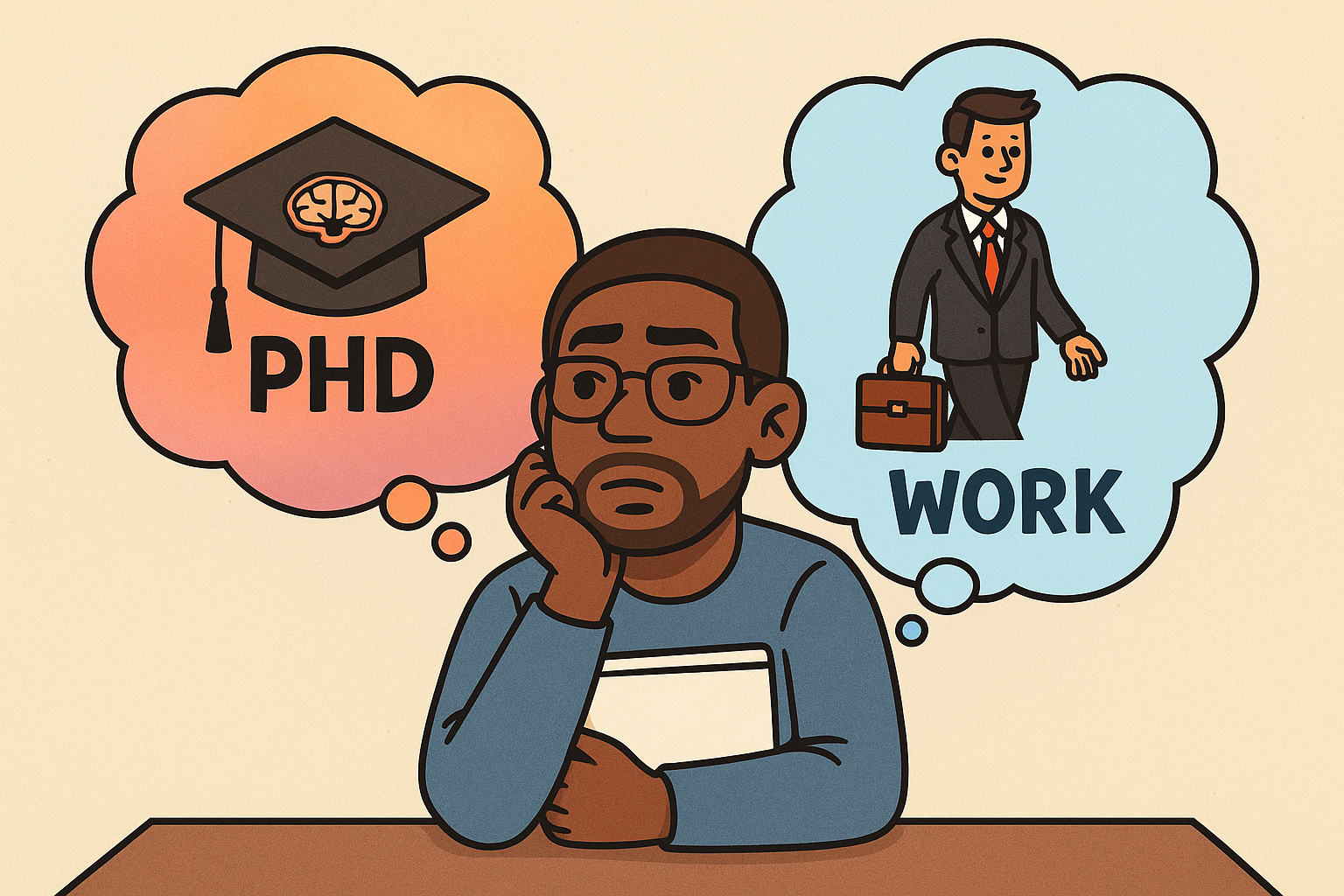 A graduate student contemplating whether they should work or do a Ph. D. 