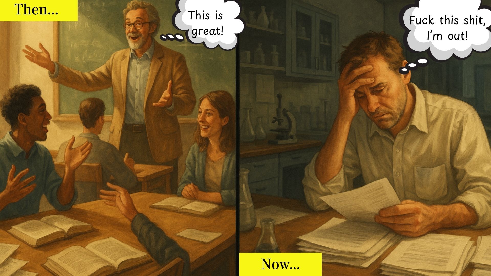 A split image: one side showing an idealized scene of academic life (open books, lively discussion, a professor enthusiastically teaching), the other side showing a more realistic depiction (a professor looking stressed while grading papers, a deserted lab).