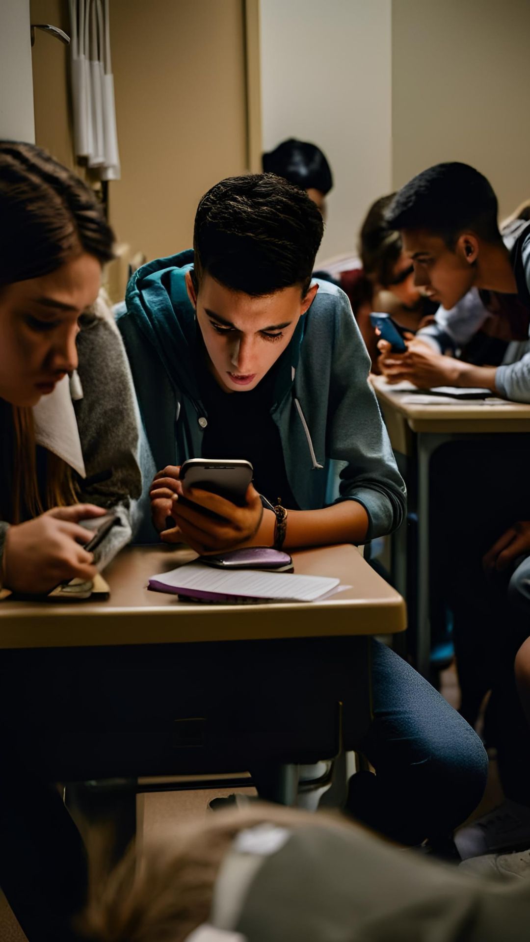 A student in an exam room cheating by looking at his phone under the desk.