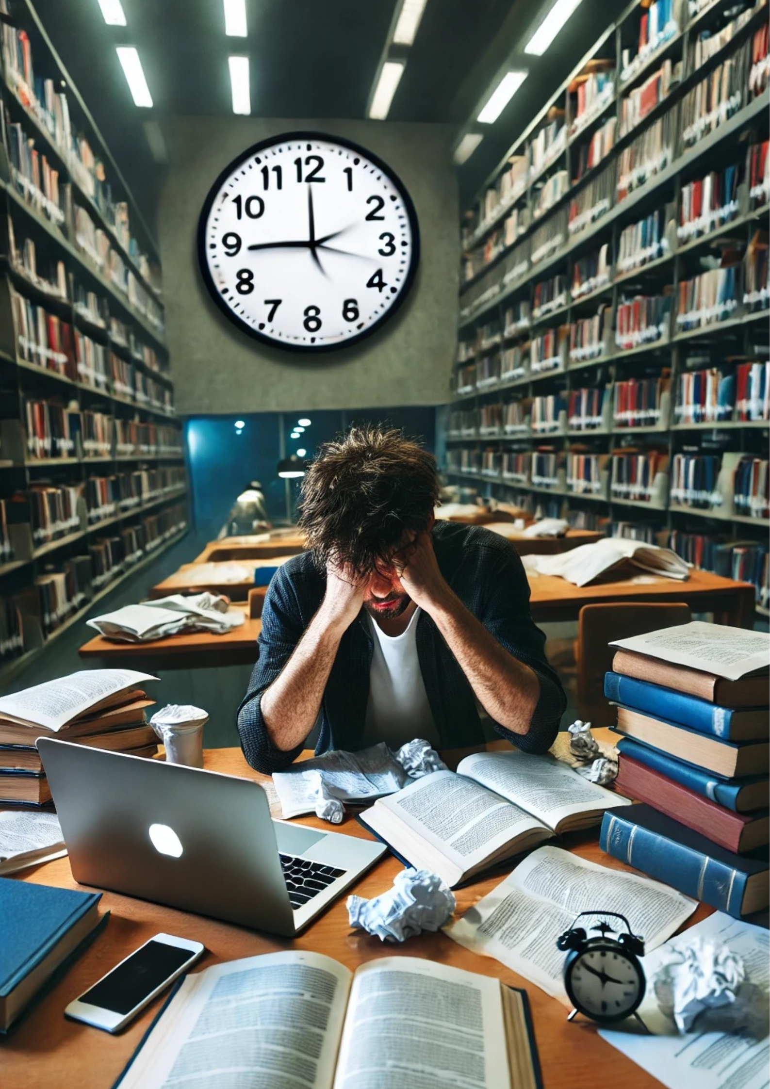 a flustered student trying to finish an essay in the library