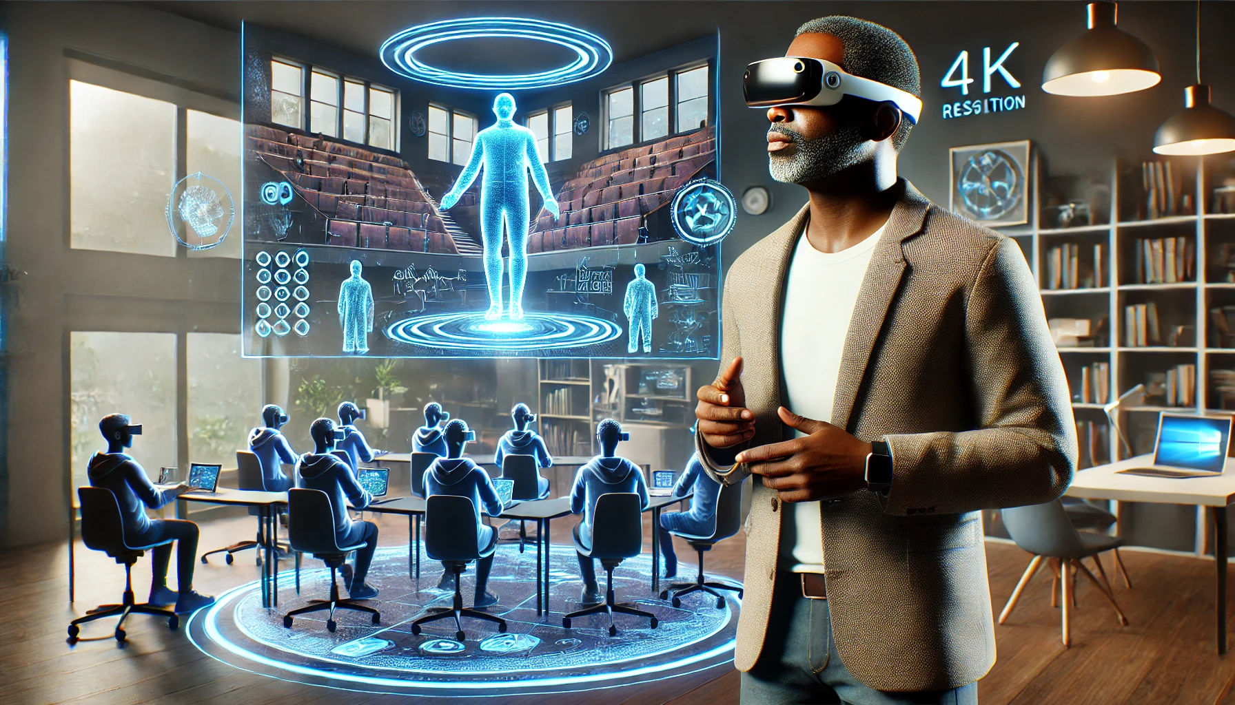 A black middle aged professor wearing mixed reality headset giving a lecture.