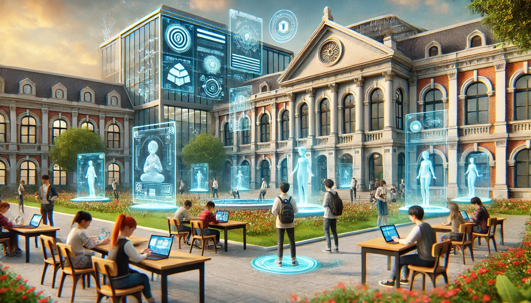 A futuristic university with floating holograms and students engaged in remote and in-person learning.